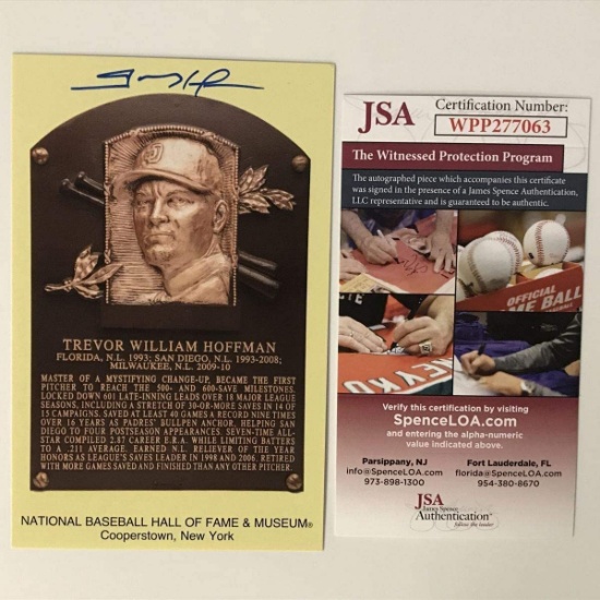 Autographed/Signed Trevor Hoffman HOF Hall Of Fame Baseball Plaque Postcard JSA COA