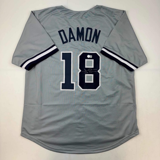 Autographed/Signed Johnny Damon New York Grey Baseball Jersey Beckett BAS COA