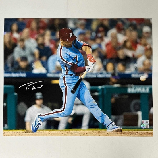 Autographed/Signed Trea Turner Philadelphia Phillies 16x20 Baseball Photo Beckett BAS COA