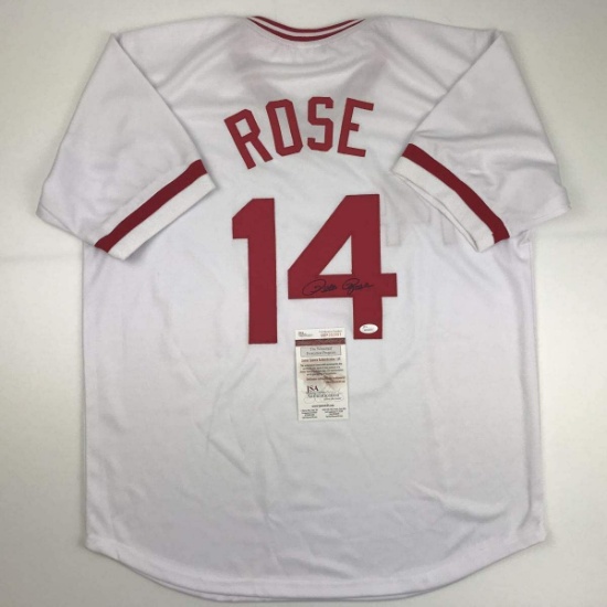 Autographed/Signed Pete Rose Cincinnati White Baseball Jersey JSA COA