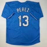 Autographed/Signed Salvador Perez Kansas City Blue Baseball Jersey Beckett BAS COA