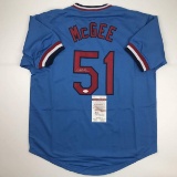 Autographed/Signed Willie McGee St. Louis Blue Baseball Jersey JSA COA