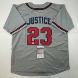 Autographed/Signed David Justice Atlanta Grey Baseball Jersey JSA COA