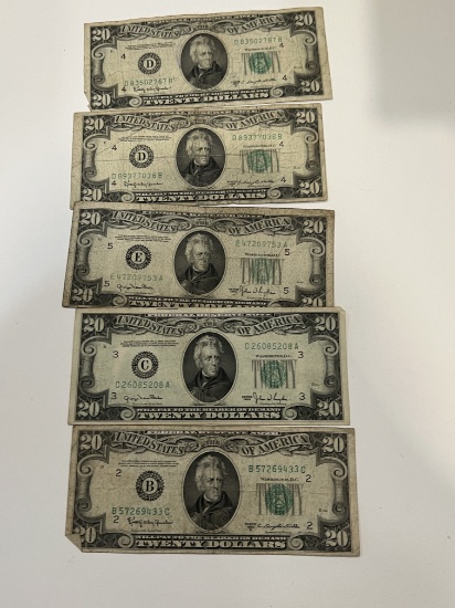 (5) 1950 $20 Federal Reserve Notes
