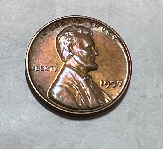 1957 Lincoln Cent Proof Rainbow Toning