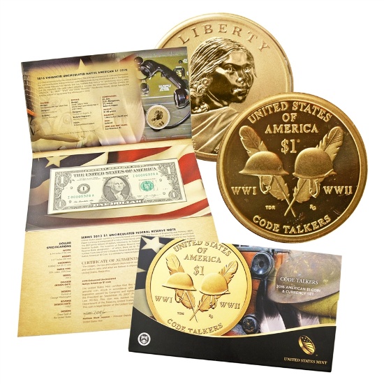 2016 Native American Code Talkers $1 Enhanced Uncirculated Coin & Currency Set OGP