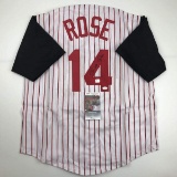 Autographed/Signed Pete Rose Cincinnati Pinstripe Baseball Jersey JSA COA