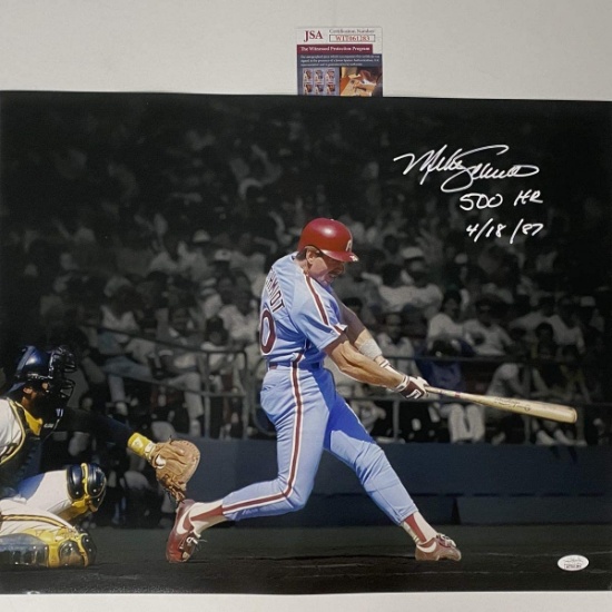 Autographed/Signed Mike Schmidt 500th HR Inscribed Philadelphia Phillies 16x20 Photo JSA COA