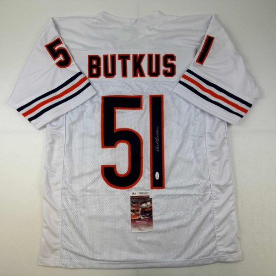Autographed/Signed Dick Butkus Chicago White Football Jersey JSA COA