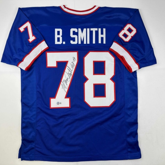 Autographed/Signed Bruce Smith HOF 09 Buffalo Blue Football Jersey Beckett BAS COA
