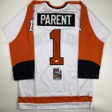 Autographed/Signed Bernie Parent Philadelphia White Hockey Jersey JSA COA