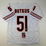 Autographed/Signed Dick Butkus Chicago White Football Jersey JSA COA