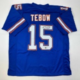 Autographed/Signed Tim Tebow Florida Blue College Football Jersey Beckett BAS COA