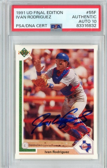 Graded 1991 Upper Deck UD Final Edition Ivan Pudge Rodriguez #55F Rookie RC Card PSA 10 Auto Grade