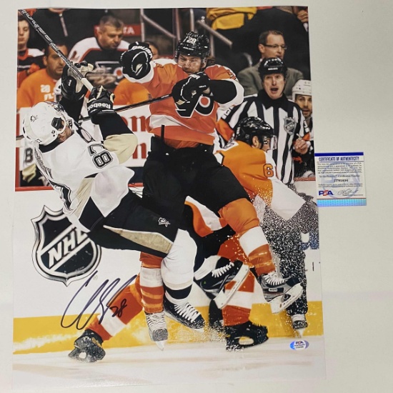 Autographed/Signed Claude Giroux Philadelphia Flyers Sidney Crosby Hit 16x20 Photo PSA/DNA COA