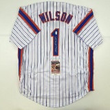 Autographed/Signed Mookie Wilson New York Pinstripe Baseball Jersey JSA COA