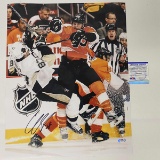 Autographed/Signed Claude Giroux Philadelphia Flyers Sidney Crosby Hit 16x20 Photo PSA/DNA COA