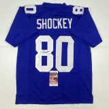 Autographed/Signed Jeremy Shockey New York Blue Football Jersey JSA COA