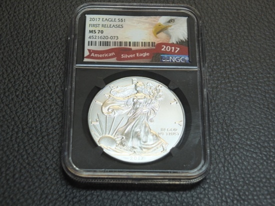 2017 $1 AMERICAN FIRST RELEASES SILVER EAGLE NGC MS70, BANKRUPTCY CASE#17-00495
