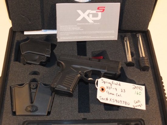 SPRINGFIELD ARMORY XDS-9 3.3 9MM  WITH BOX AND 3 MAGS  S/N XS903780 **WALDEN HUGHES GUN**, TAG# 2440
