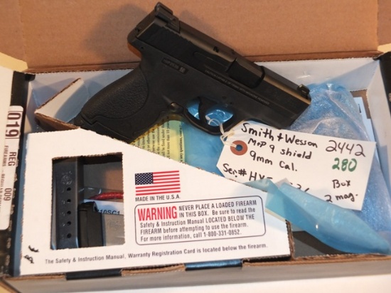 SMITH AND WESSON M AND P 9 SHIELD 9MM WITH BOX AND 2 MAGS  S/N HXF2536 **WALDEN HUGHES GUN**, TAG# 2