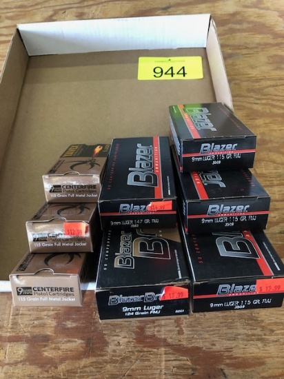 400 ROUNDS 9MM: (150) BLAZER 9MM 115 GRN FMJ, (150) YAVEX 115 GRN FMJ, (50) BLAZER 124 GRN FMJ, (50)