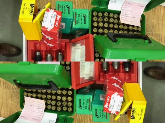 FORESTER 7MM DIES, (1) REDDING NECK SIZING DIE 7MM, (4) BOXES BULLETS, 150 ROUNDS OF RELOADED AMMO