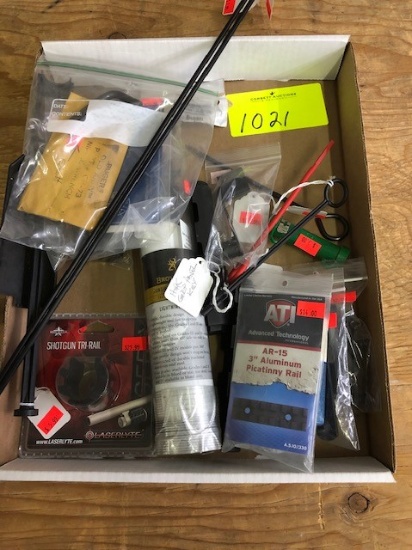 MISC GUN GEAR: (1) BROWNING BIPOD, (1) AR FLIP UP FRONT SIGHT, (1) SHOTGUN TRI RAIL, AND MISC GUN PA