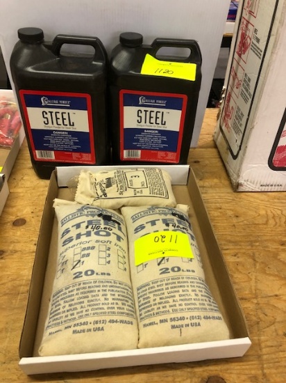 (2) ALLIANT STEEL SHOTGUN POWDER: (1) NEW, (1) 15% FULL, AND (3) BAGS STEEL SHOT" (2) #1, (1) #3
