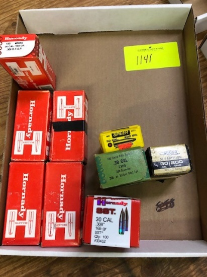 (6) BOXES HORNADY 30 CAL 165GRN BTSP BULLETS, (1) BOX SIERRA 30 CAL 200GRN SPITZER BT, (3) BOXES VAR