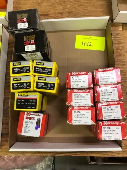 (7) BOXES HORNADY 30 CAL 155GRN AMAX BULLETS, (2) BOXES NOSLER 30 CAL 155GRN HPBT BULLETS, (4) BOXES