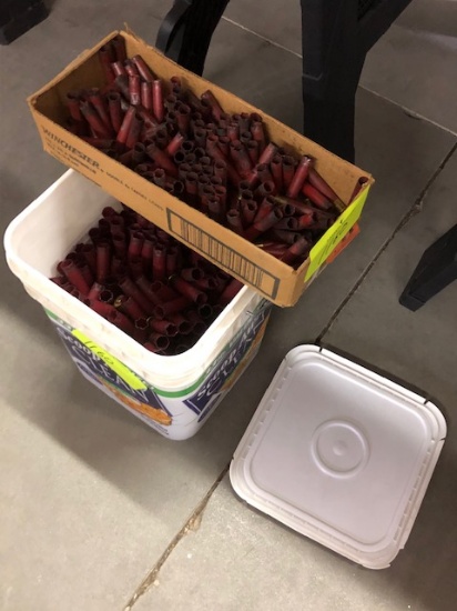 (1) BOX OF 410 SHOTSHELL HULLS AND (1) BUCKET OF 28 GA. SHOTSHELL HULLS