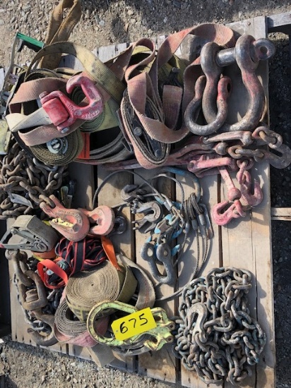CHAIN GROUP: HEAVY DUTY CHAINS W/ HOOKS, CHOKER, LIFTING STRAPS, BINDERS, STRAPS