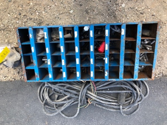 BOLT BIN W/ BOLTS, HEAVY DUTY EXTENSION CORD, NEW TRUCK/TRAILER BRAKE CAN