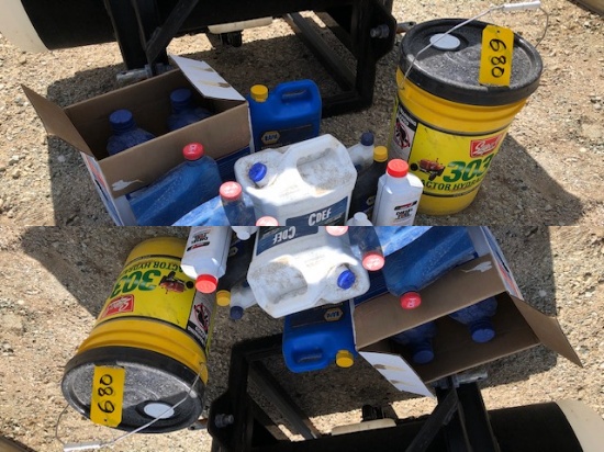 OIL GROUP: 5 GAL. HYDRAULIC FLUID, 3 GAL. DELO 15W-40, 2.5 GAL. DEF, AND MISC. OIL
