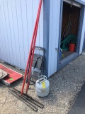 (2) ASPHALT RAKES, PROPANE WEED BURNER W/ TANK, STEP LADDER