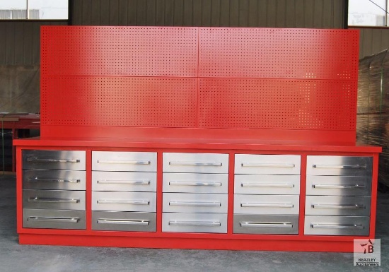 Unused 10FT 20 Drawer Heavy Duty Metal Work Bench with hanging peg board [Yard 1: Odessa, TX]