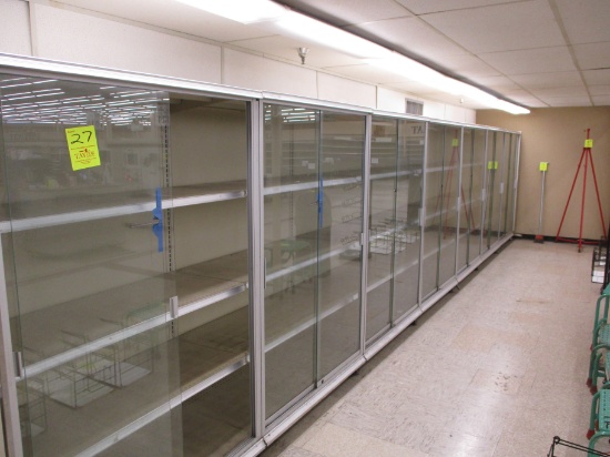 10 Sections of 4' Shelving with Glass Front Merchandiser Cases