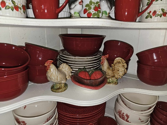 Red Bowls, Plates, Chickens, Strawberries in Bowl