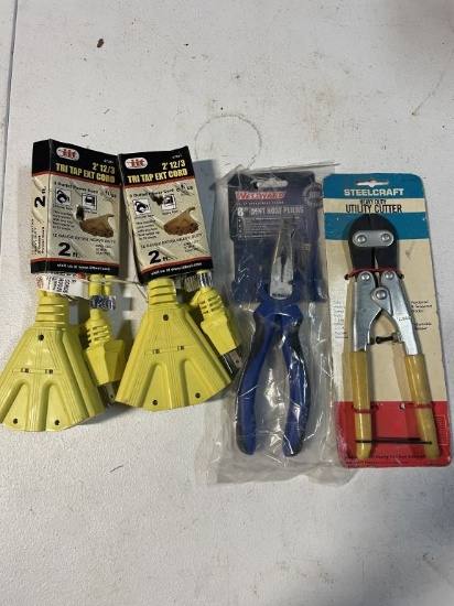 Westward 8" Bent Nose Pliers, 2 - Iit Tri Top 2ft Exention Cord & Steelcraft Cutter