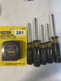 Assorted Set Of Stanley Star Heads Screwdrivers & 25' Leverlock Tape Measure