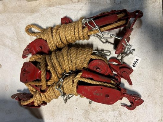 Antique Red Metal Block and Tackle Pulley with Rope and Hooks - qty 3