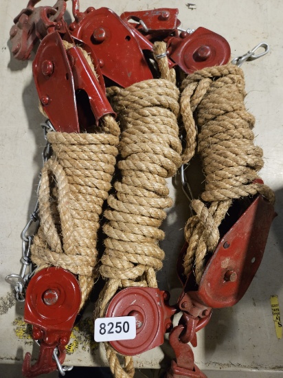Vintage Red Metal Double Block and Tackle Pulley with 21' Rope and Hooks qty 3