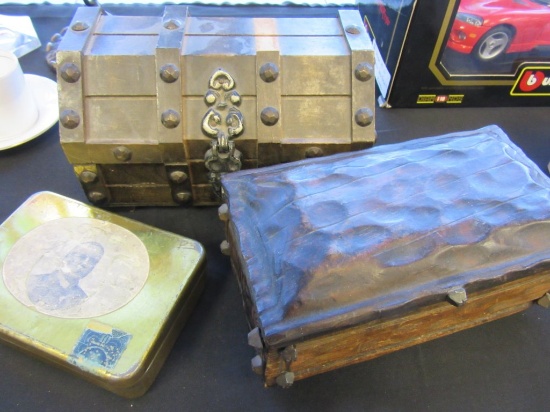 2 Vintage Mini Wooden Jewelry Boxes & Vintage Tin