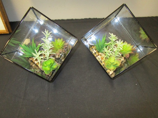 2 Tabletop Glass & faux Plant Terrariums