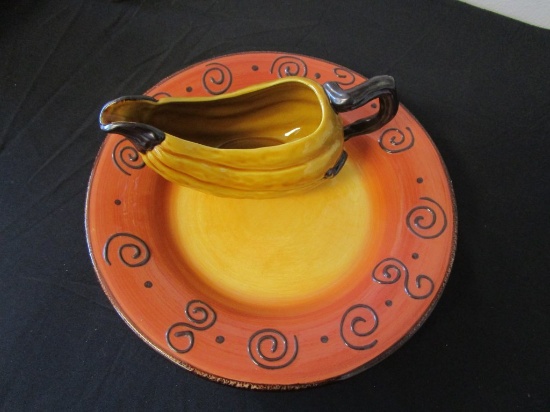 Large Glazed Orange Plate & Tan Gravy Boat