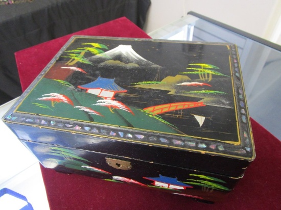 VTG Asian Japan Black Laquer Jewelry Box