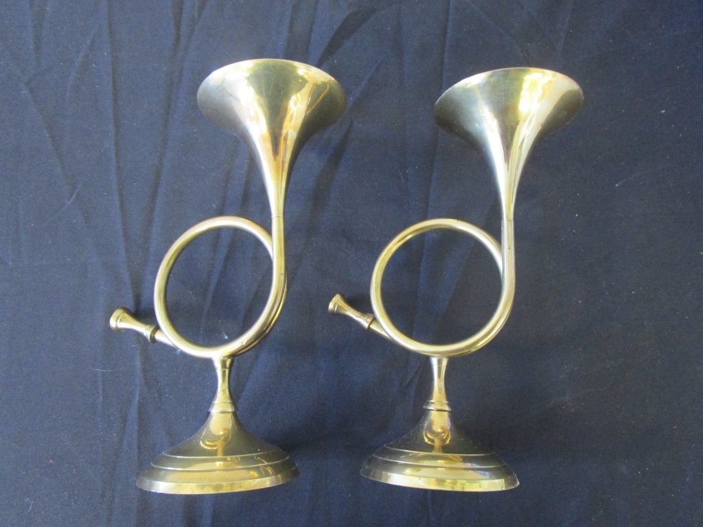 Pair Bugle Horn Shape Brass Candle Holders Brass