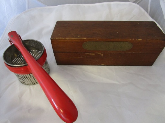 Vintage potato masher & wood recipe box