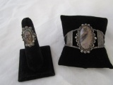 Vintage silver bangle with stone & matching ring